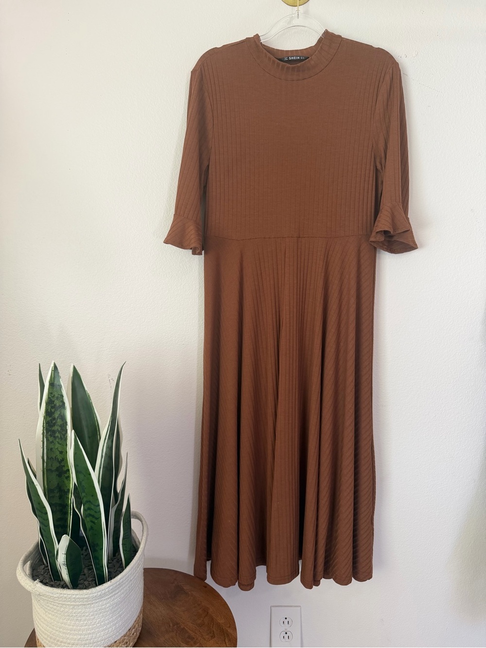shein brown ribbed midi dress